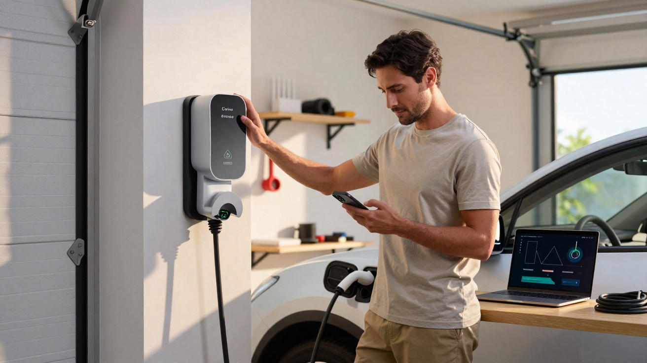 Man using smartphone while charging electric car at home garage charging station.