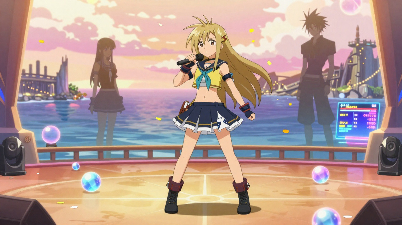 Anime girl with long blonde hair singing on stage at sunset, with two shadowed figures and sea in the background.