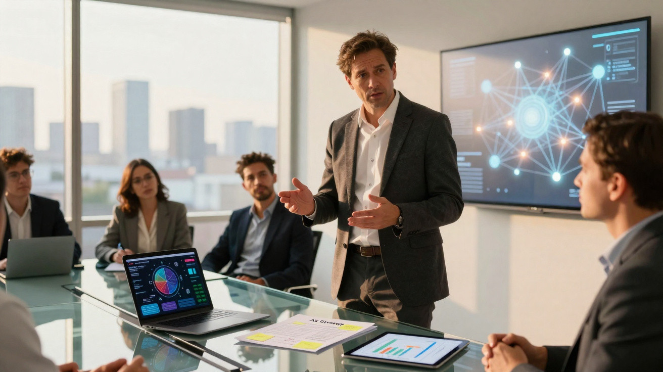 Businessman giving a presentation to colleagues in a modern office with digital charts displayed on screens.