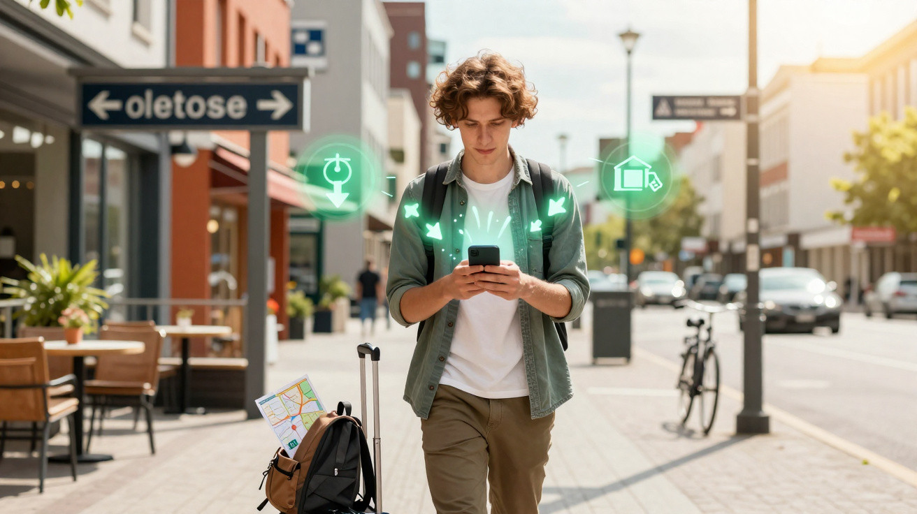 Young man using smartphone with travel icons above, walking on city street with luggage and map.