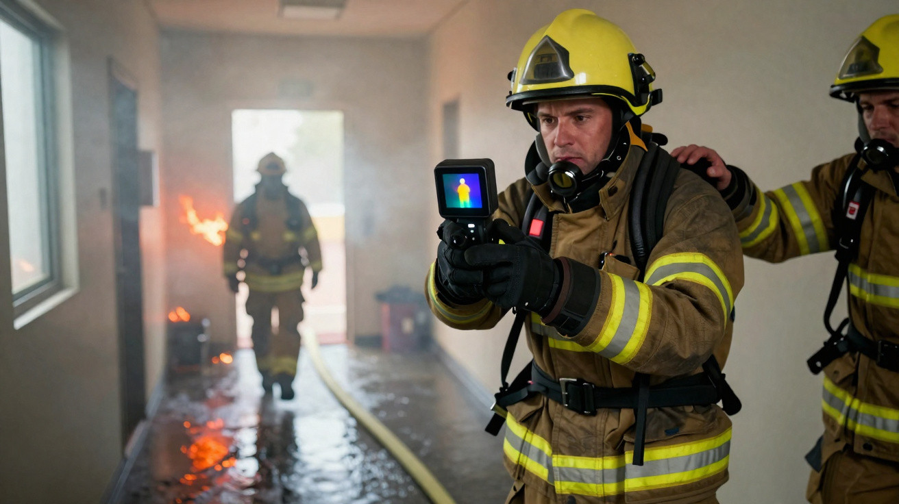 Firefighters in full gear using thermal imaging camera to locate fire in a smoky building corridor.