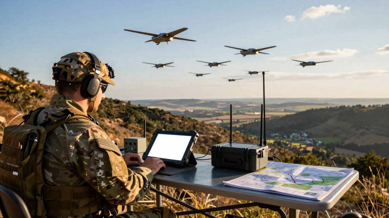 Military personnel operating a control tablet outdoors with drones flying above a rural landscape.