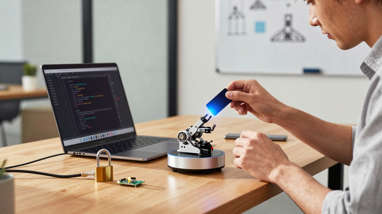 Person using a robotic arm with a blue card next to a laptop displaying code on a wooden desk in an office.