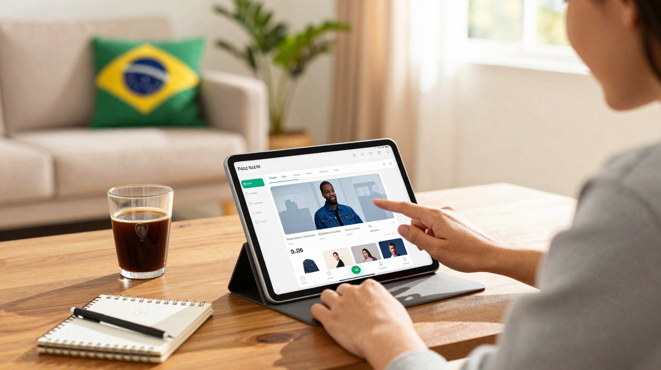 Person using a tablet to browse a website with a coffee glass and notebook on the wooden table, Brazil flag cushion in backgr