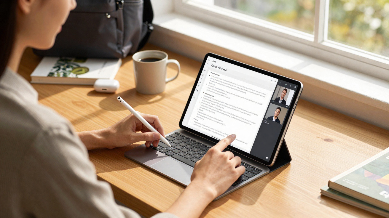 Person using a tablet with keyboard and stylus for a video call and document editing at a wooden desk by a window.