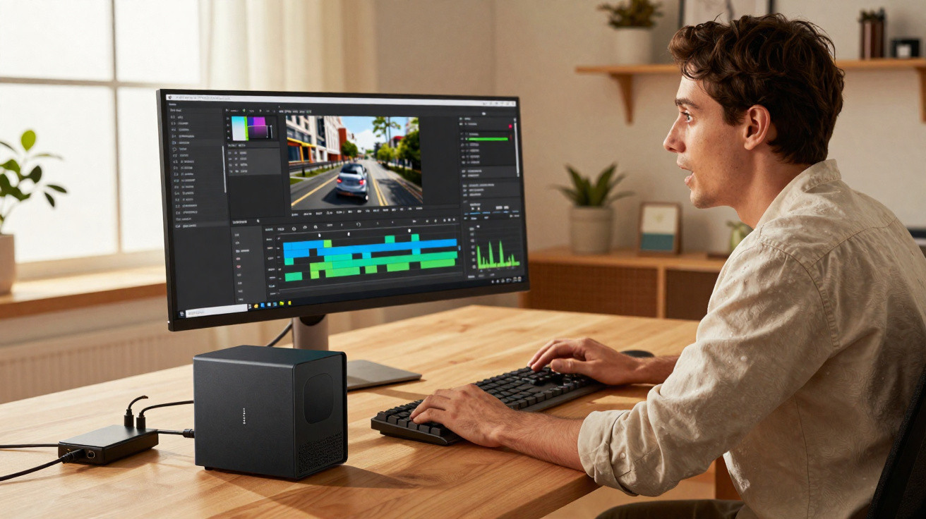 Man editing video of a car on a desktop computer with dual monitors in a bright, modern room.