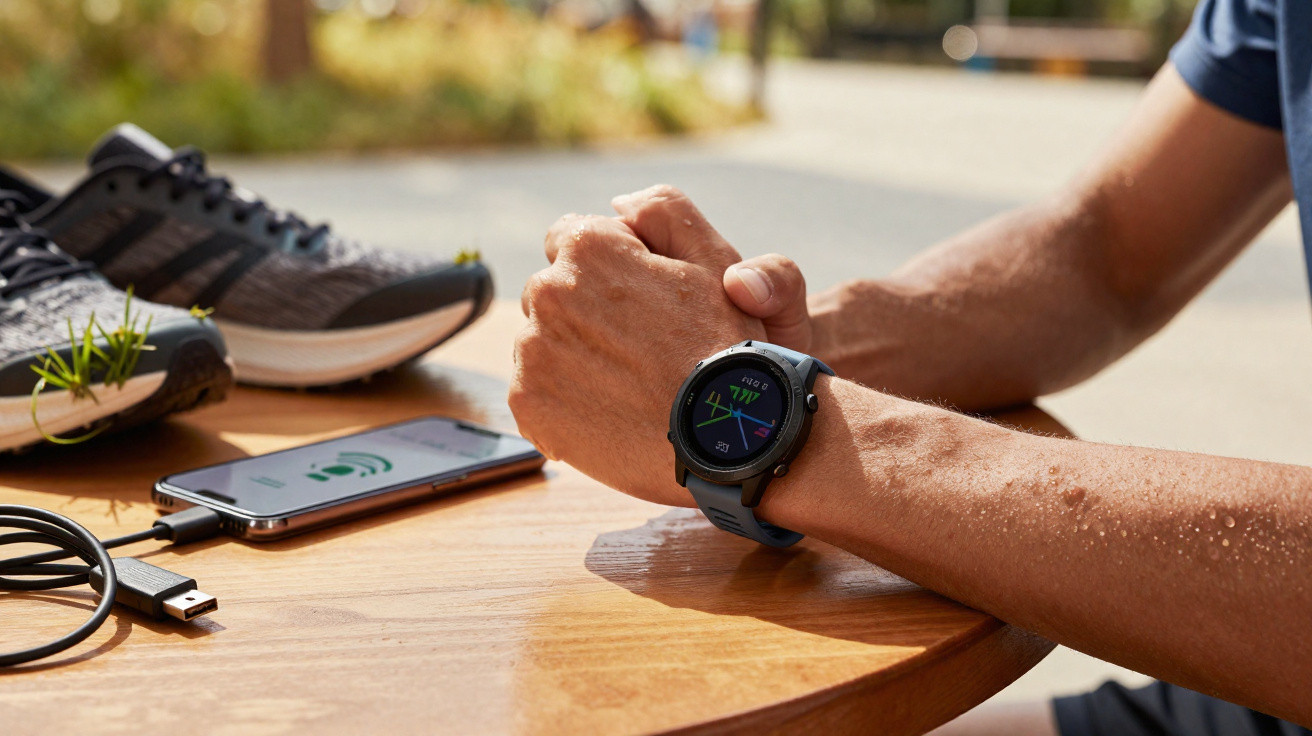 Person with a smartwatch checking fitness stats beside running shoes and a charging phone on a wooden table outdoors.