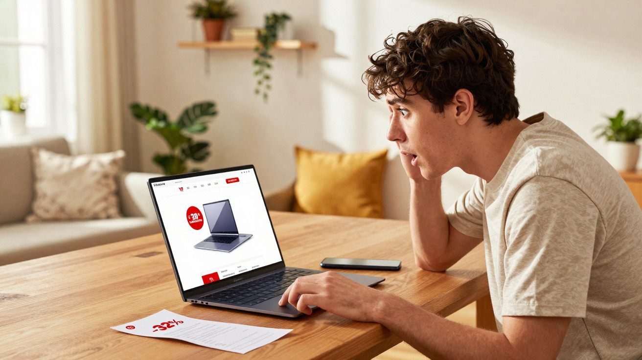 Young man excitedly shopping online for a laptop with a 32% discount on a wooden table.