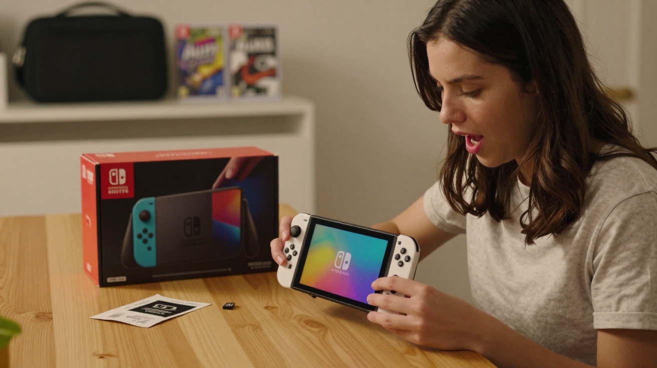 Young woman holding a Nintendo Switch OLED console with the box on a wooden table indoors.