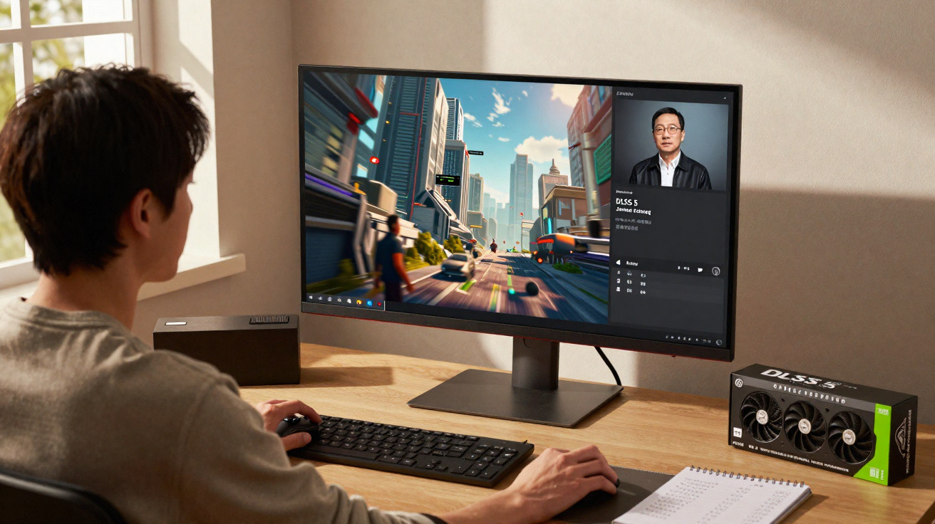 Person using a desktop PC with a cityscape game and video call on screen, graphics card box on desk