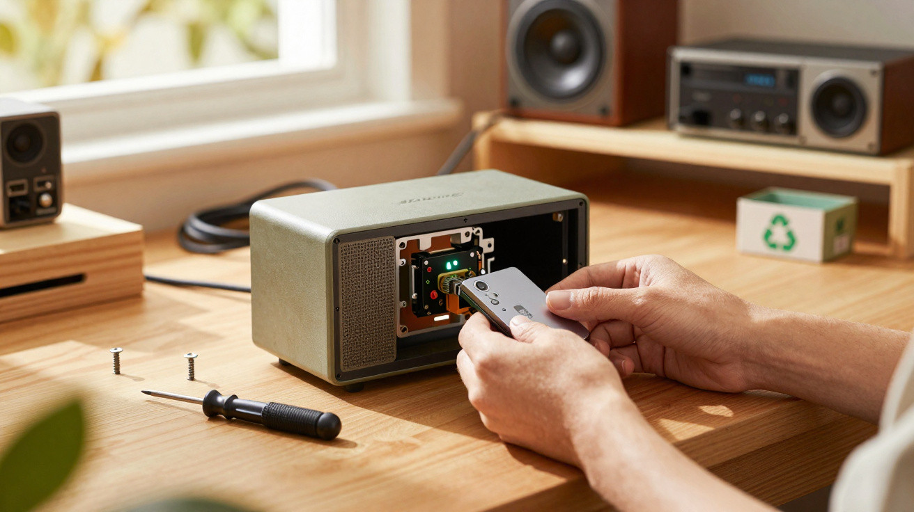 Person repairing or assembling a small vintage-style speaker on a wooden desk with tools nearby.