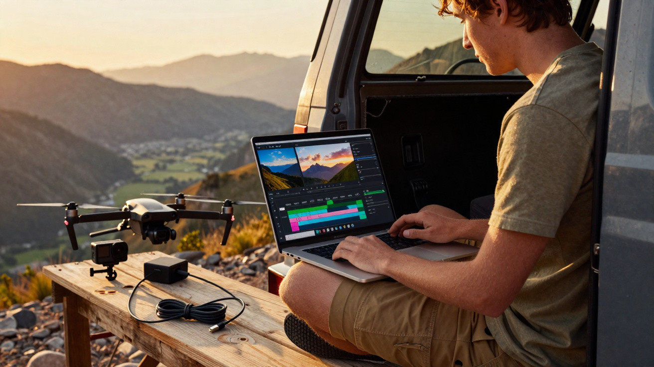 Person editing drone footage on laptop next to drone on wooden bench with mountainous landscape at sunset