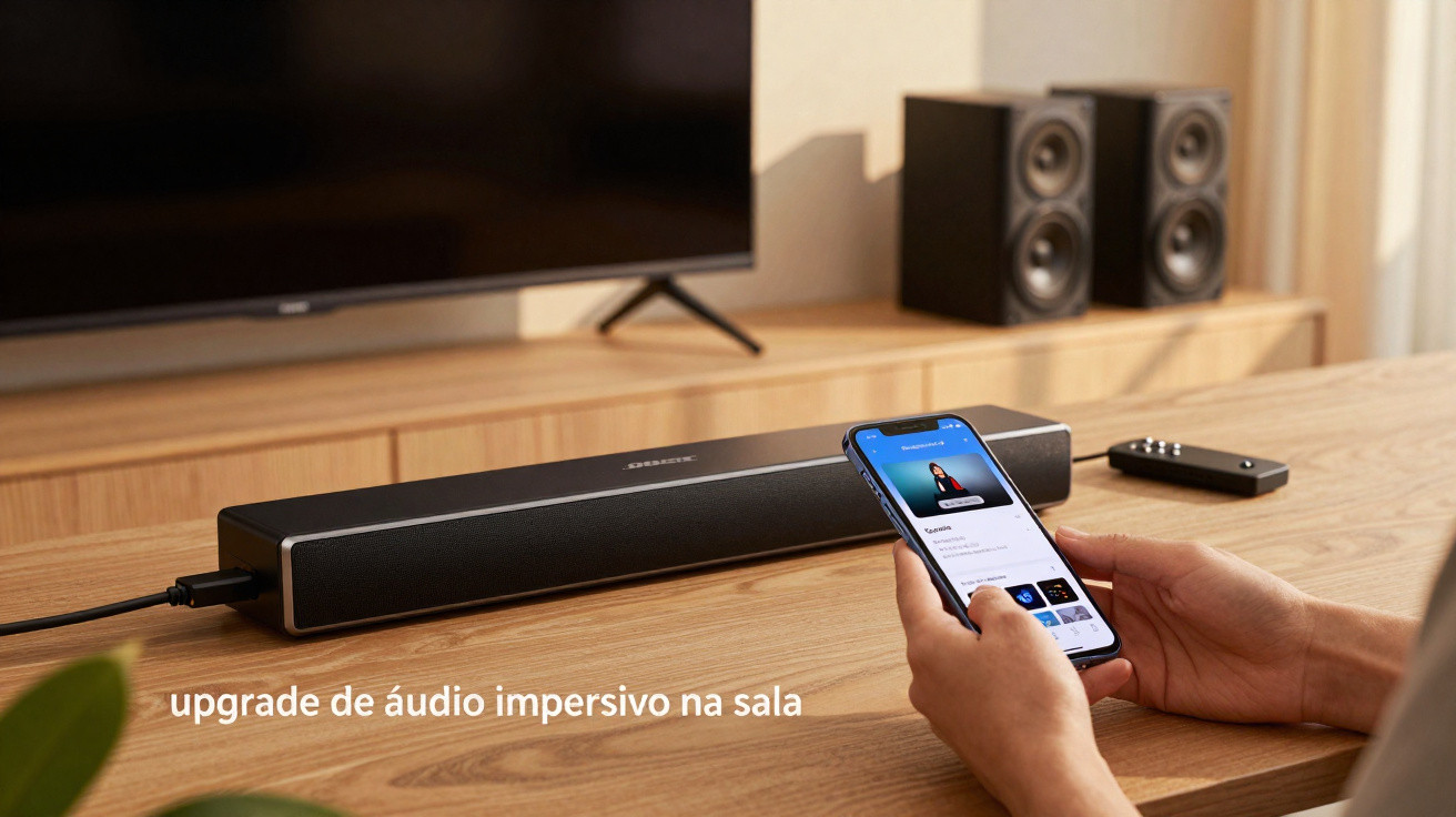 Person holding smartphone controlling black soundbar on wooden table with TV and speakers in background.