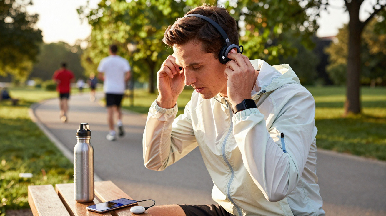 Man in sportswear adjusting headphones sitting on a park bench with water bottle and phone nearby.