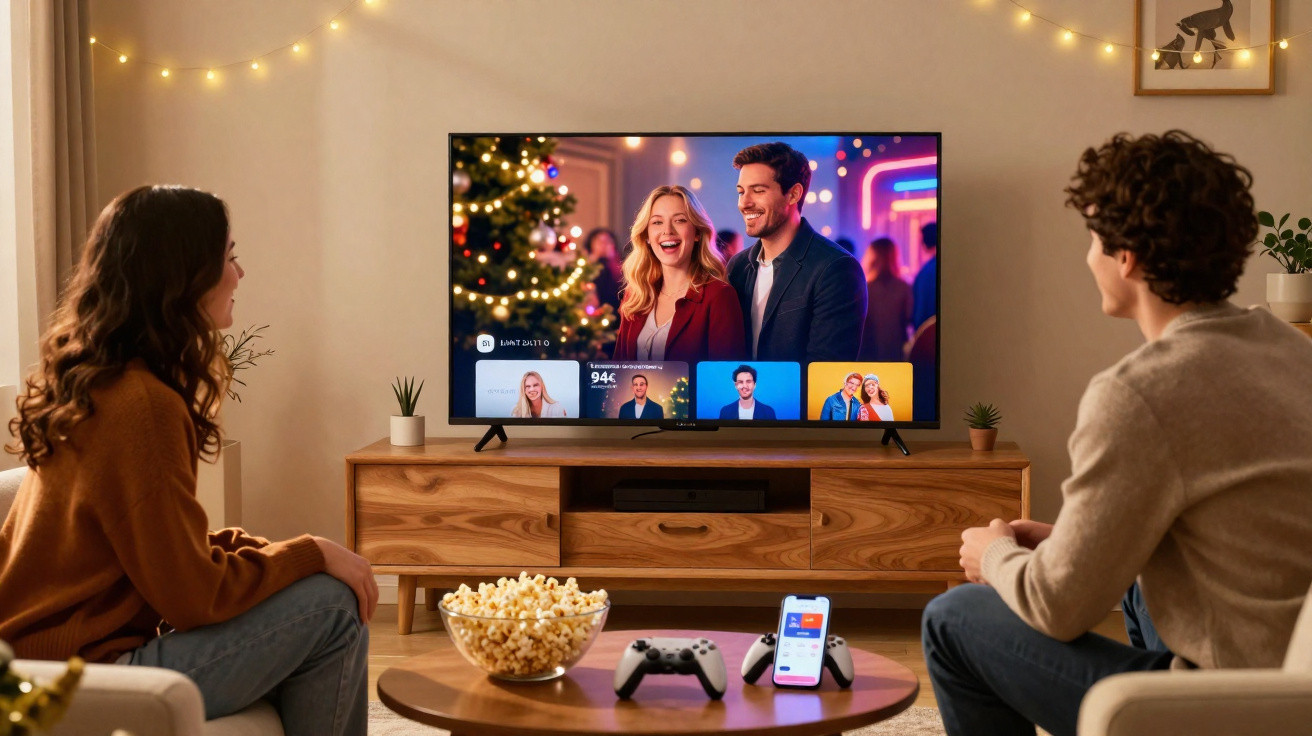 Two people sitting in a living room watching a TV show, with popcorn, game controllers, and a smartphone on the table.