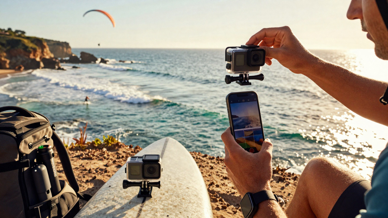 Person setting up action cameras on a surfboard by the sea during sunset with cliffs and paragliding in background.