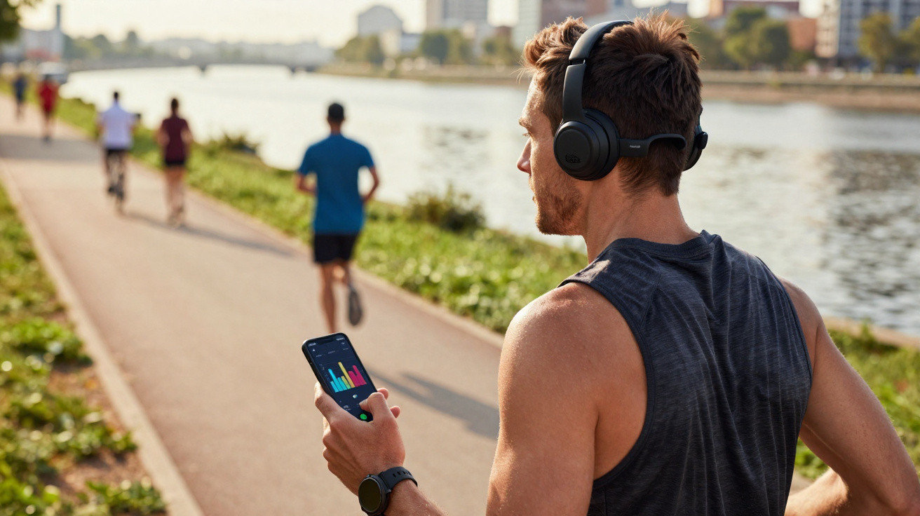 Man wearing headphones checks fitness app on phone while jogging beside a river with other runners in the background.