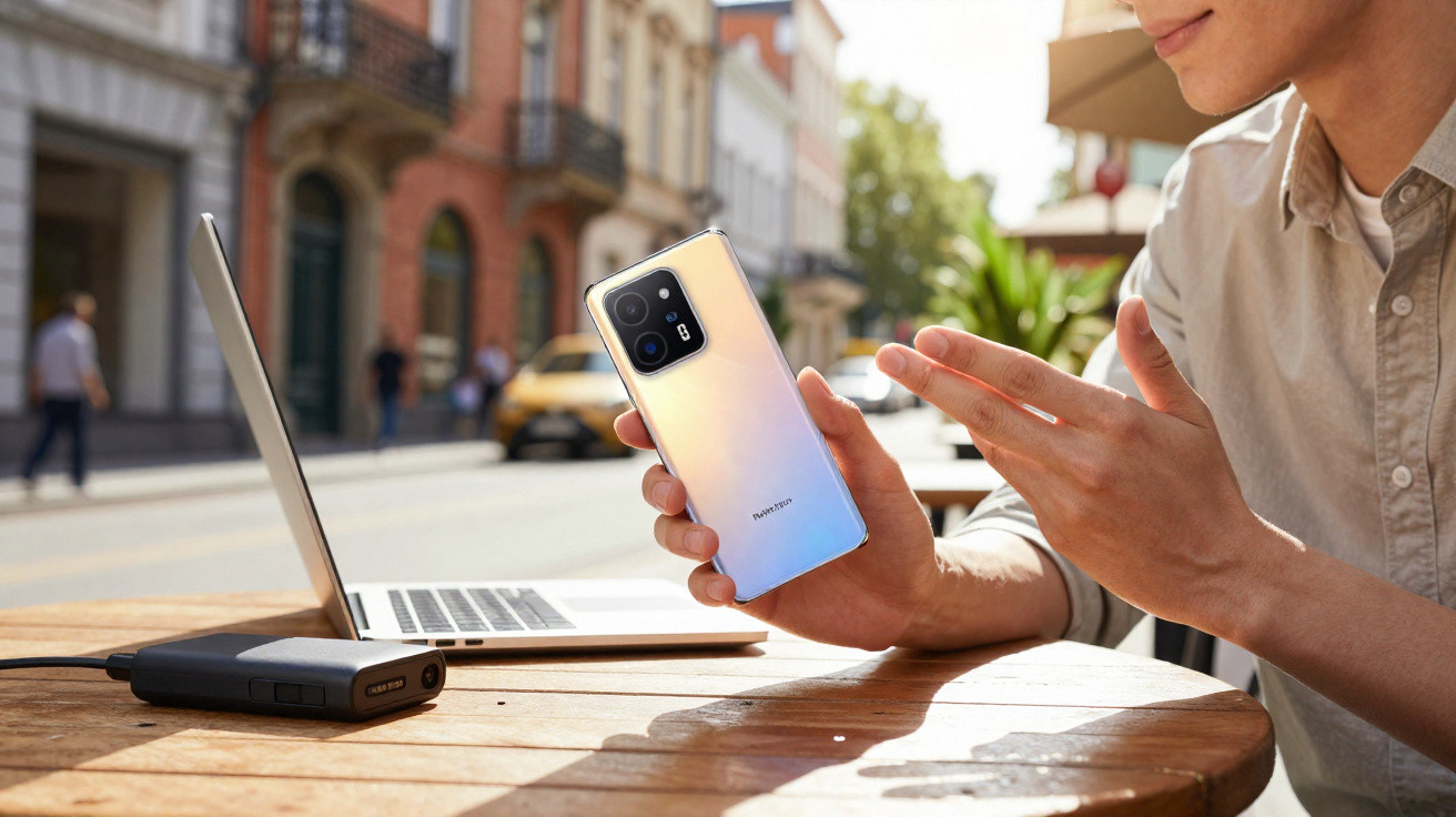 Person holding a smartphone beside an open laptop on a wooden table outdoors on a sunny day.