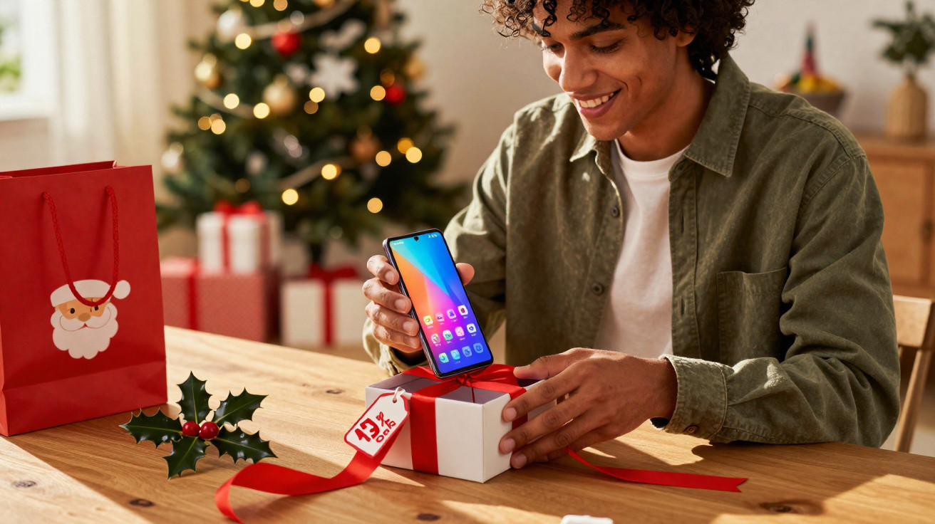 Young man smiling while opening a Christmas gift box with a smartphone inside, next to a decorated Christmas tree.