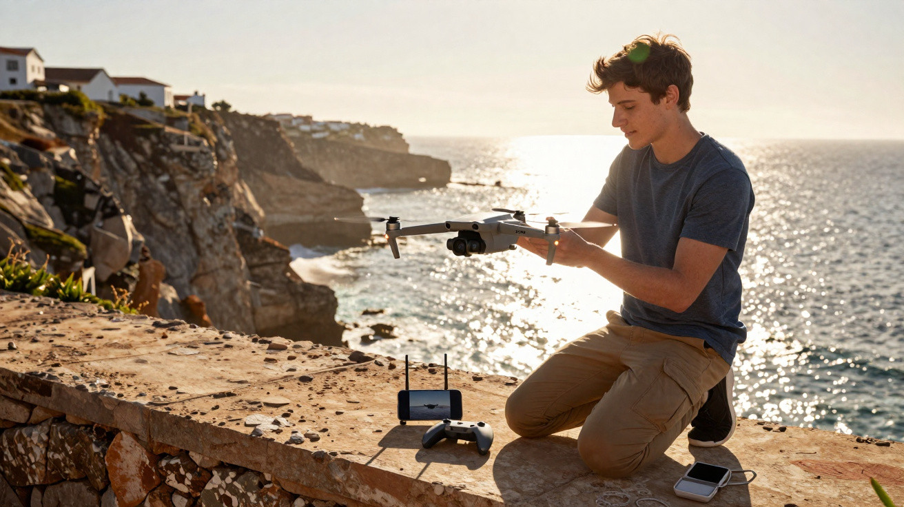 Young man kneeling on a stone wall by the sea, preparing to launch a drone at sunset.