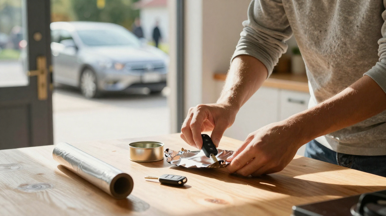 Person using a car key fob to unlock a key wrapped in foil on a kitchen table with a car visible outside.