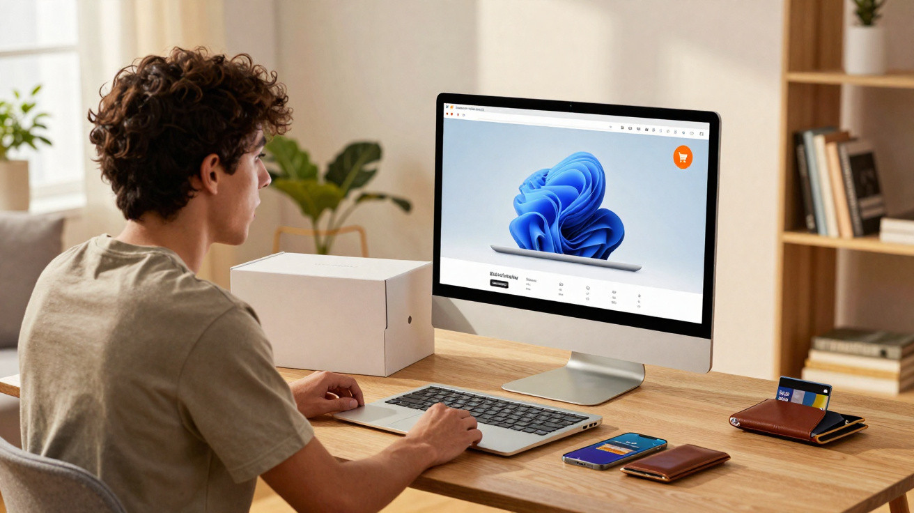 Young man using desktop computer displaying Windows 11 on screen in a modern home office.