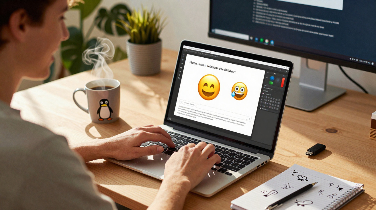 Person typing on a laptop with emoji images on screen, a steaming mug and a notebook on a wooden desk.