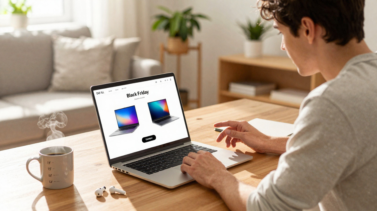 Person browsing Black Friday laptop deals on a laptop at a wooden table with a steaming mug nearby.