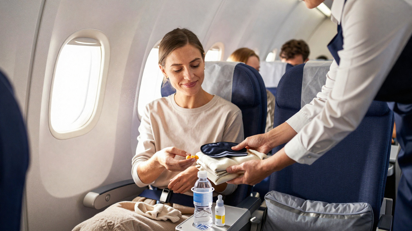 Flight attendant handing a blanket and eye mask to a seated woman on an airplane.