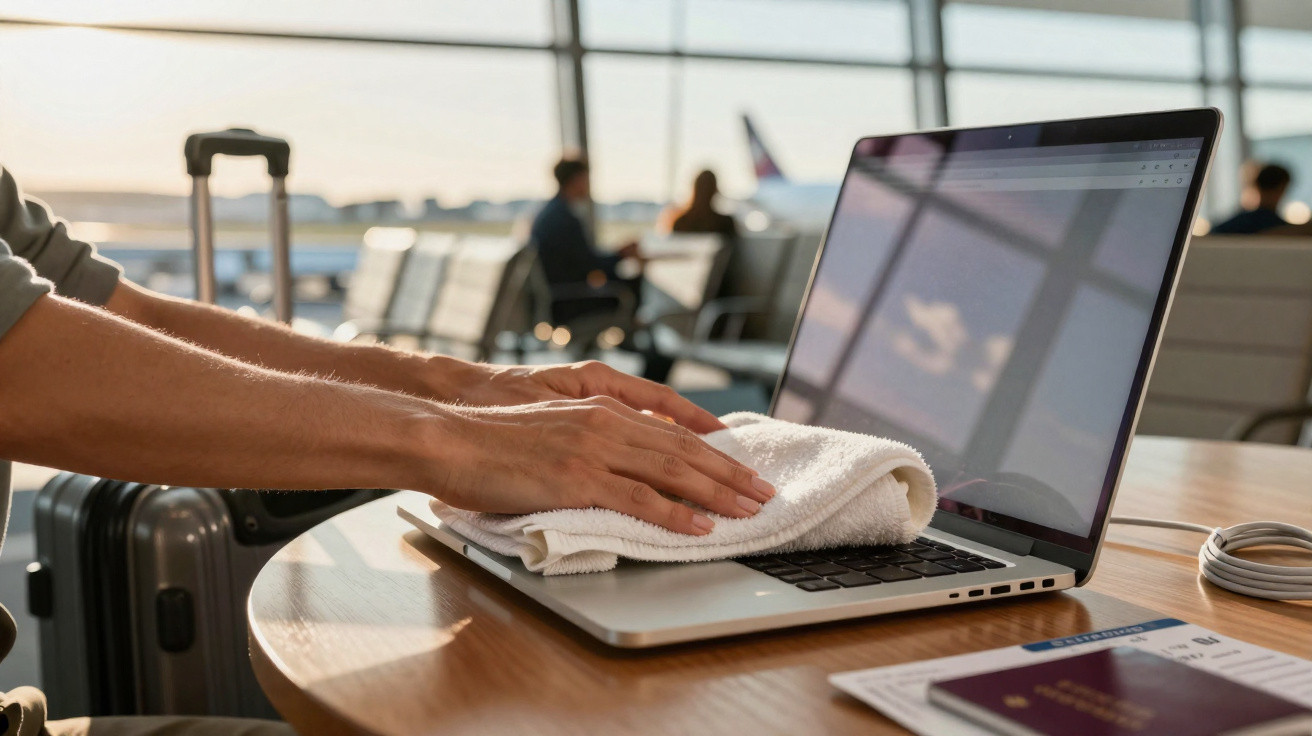 Person cleaning a laptop keyboard with a white cloth at an airport lounge table.