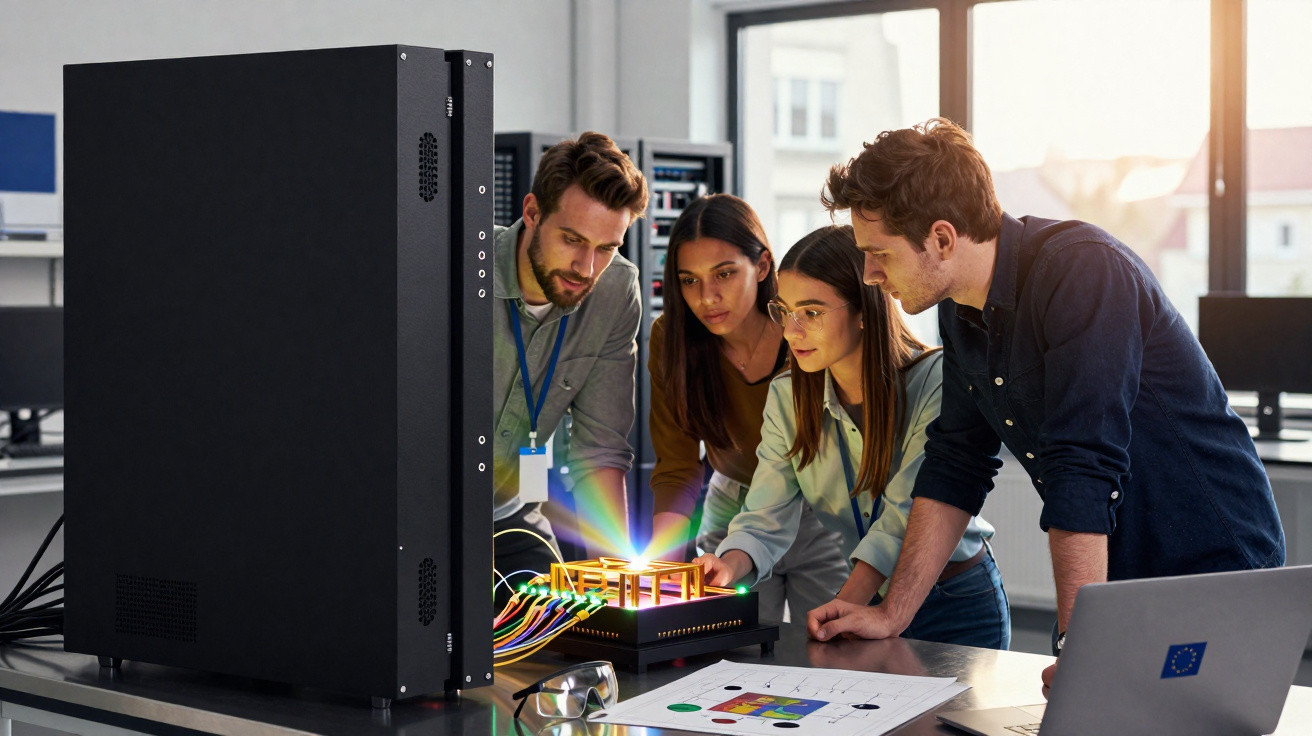 Four diverse engineers examining a quantum computer with glowing components on a table in a modern lab.