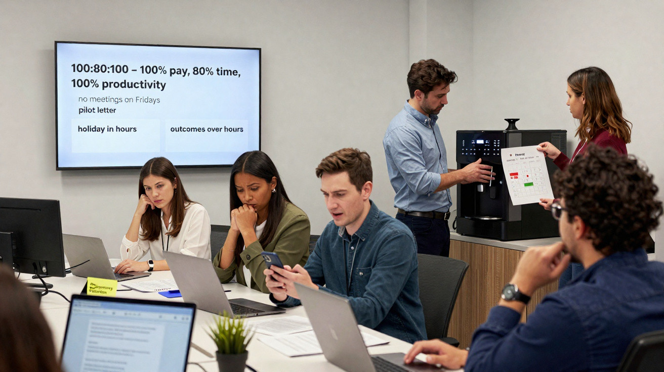 Colleagues in a meeting room with laptops, a presentation on productivity displayed on screen, and two people by a coffee mac