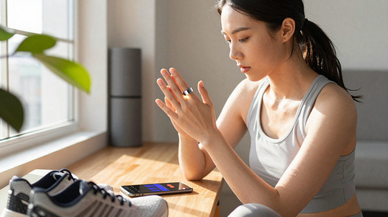 Woman in sportswear sitting at a table, focusing on a smart ring and smartphone with audio app nearby.