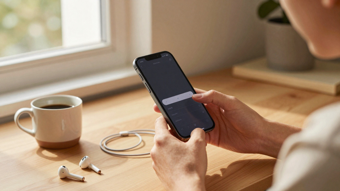 Person holding smartphone with wireless earbuds, charging cable, and coffee cup on wooden desk by window.
