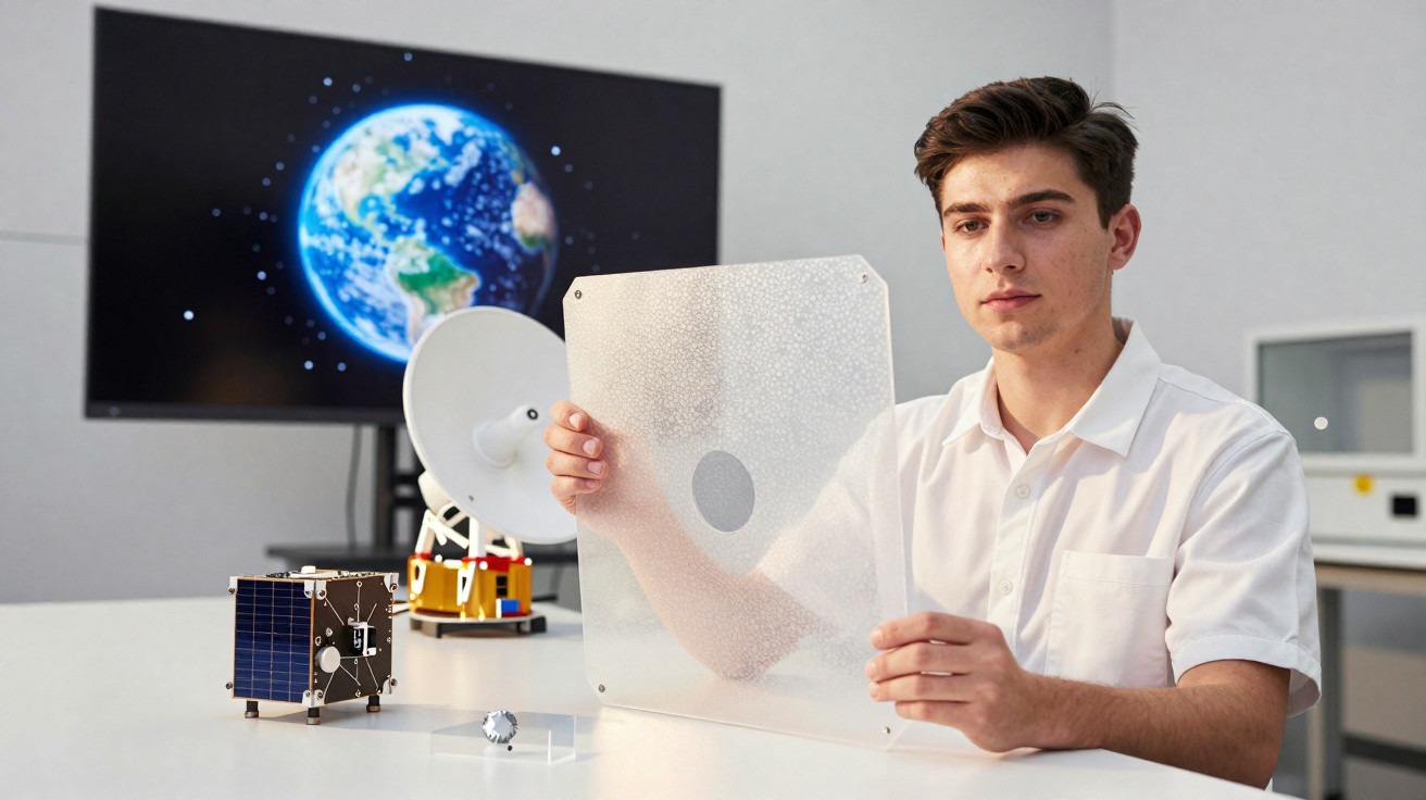 Young man in white shirt holding transparent panel at a table with satellite models and Earth displayed behind.