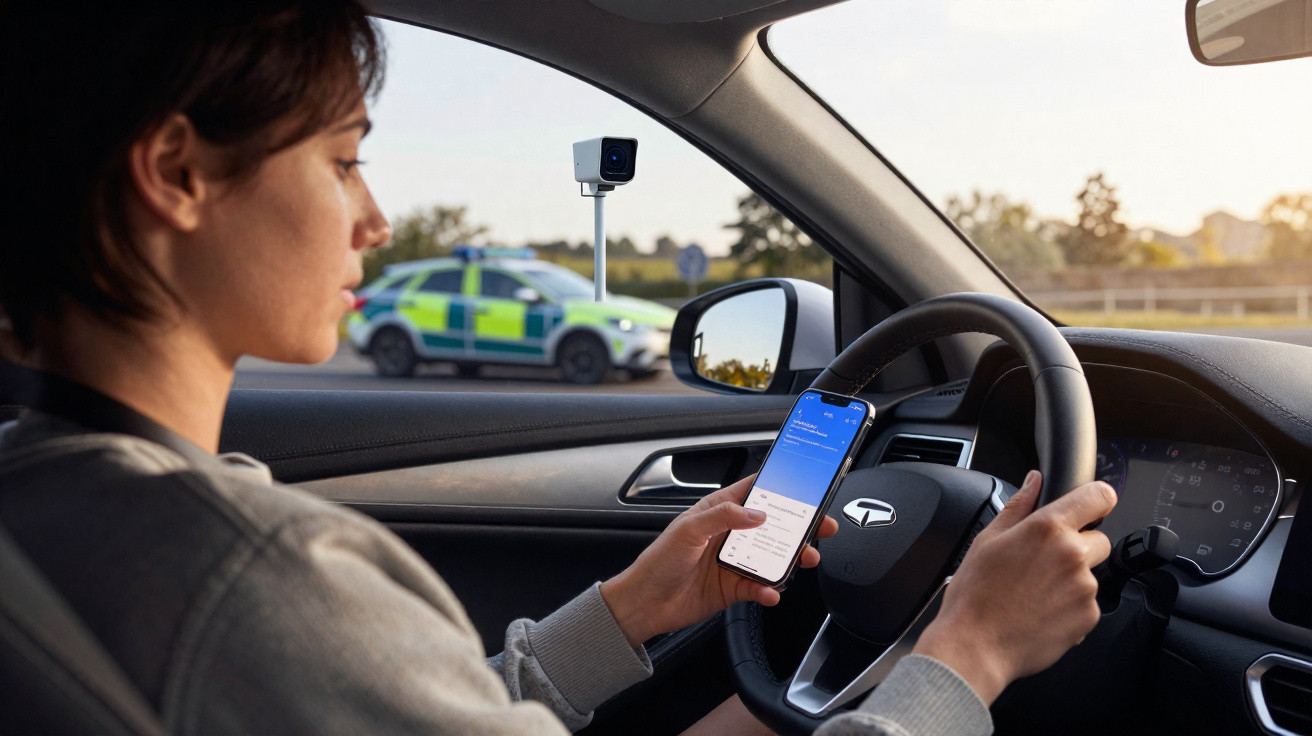 Person inside a car holding a smartphone, a police car is visible outside the window.