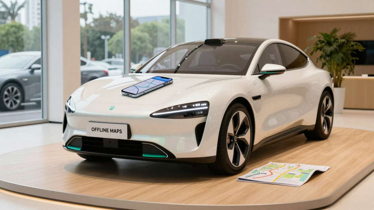 White electric car on display with a smartphone showing maps on the bonnet and a paper map on the floor.