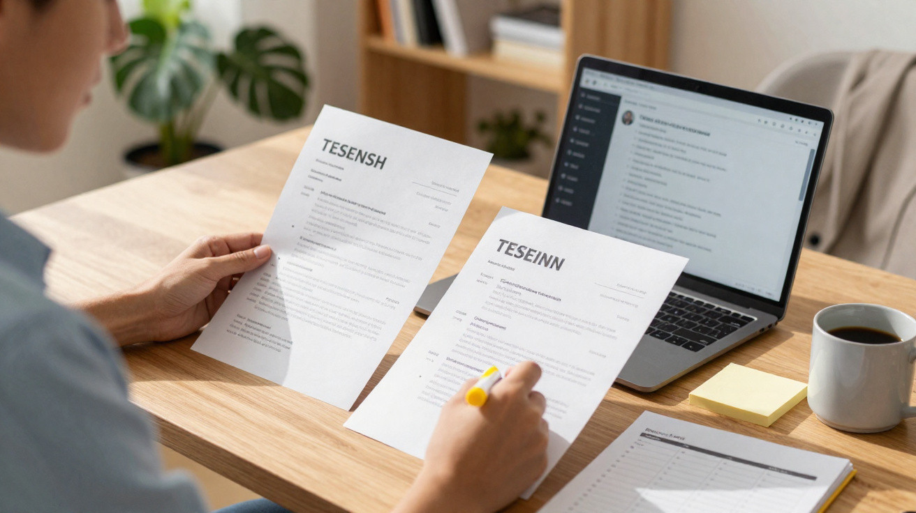 Person reviewing two documents labelled TESENSH and TESEINN at a wooden desk with laptop, coffee, and notepad.