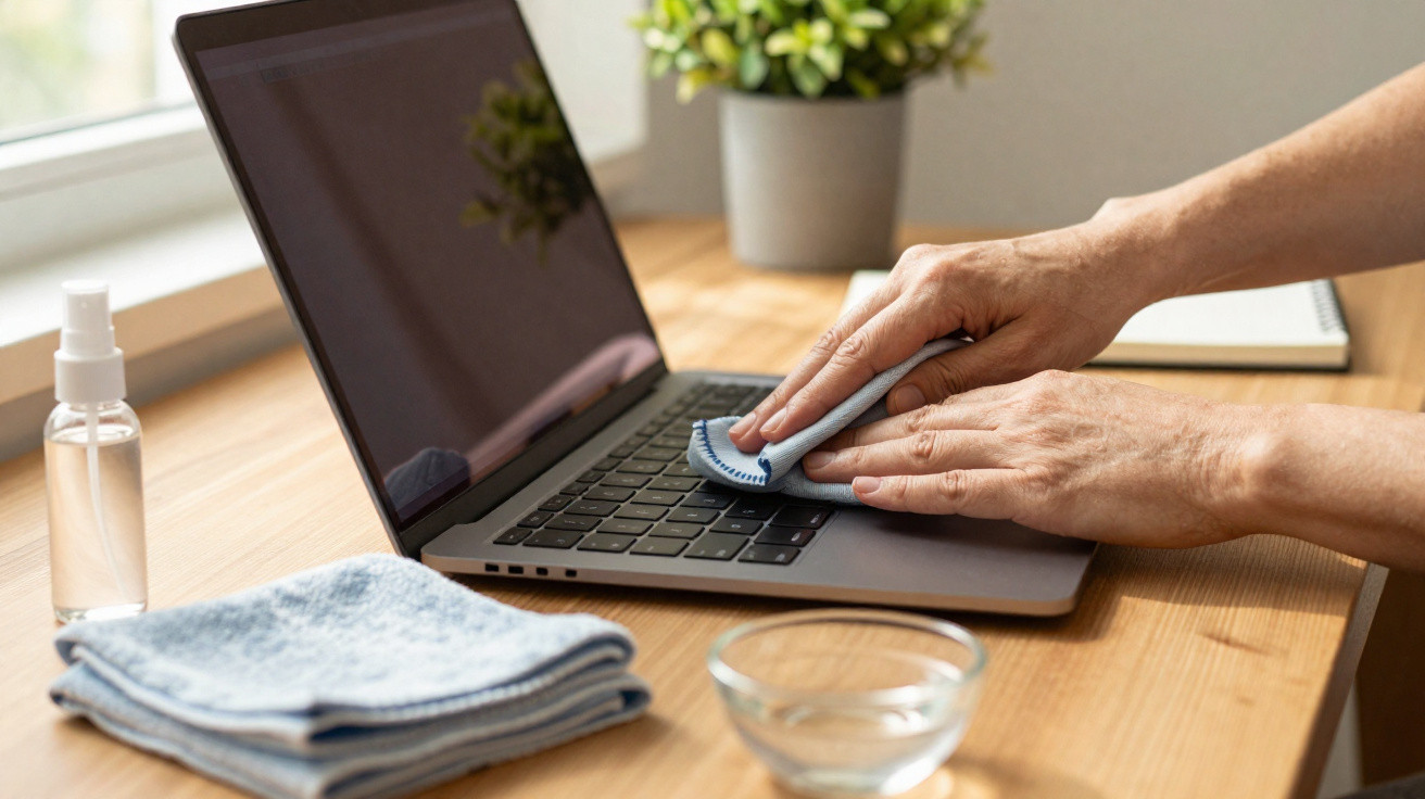 Person cleaning a laptop keyboard with a cloth on a wooden desk near a window and potted plant.