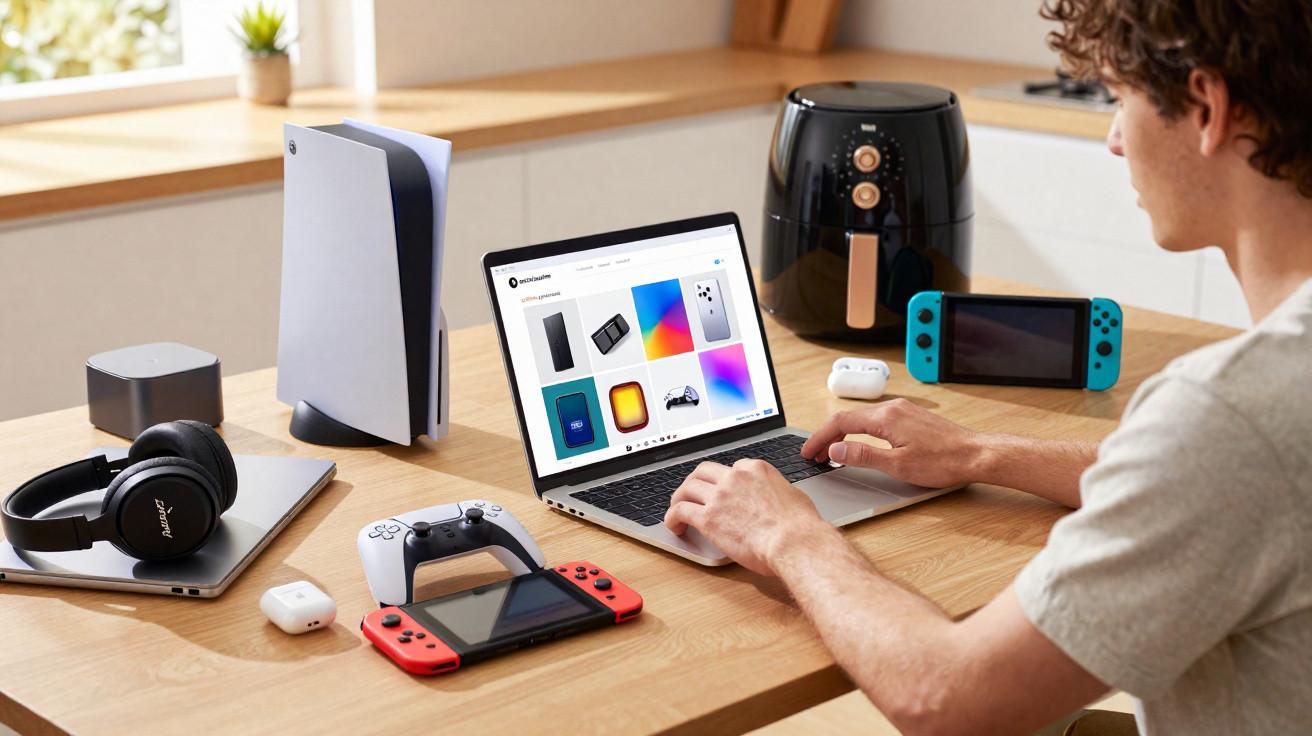Person using a laptop at a desk with gaming consoles, headphones, AirPods, and an air fryer nearby