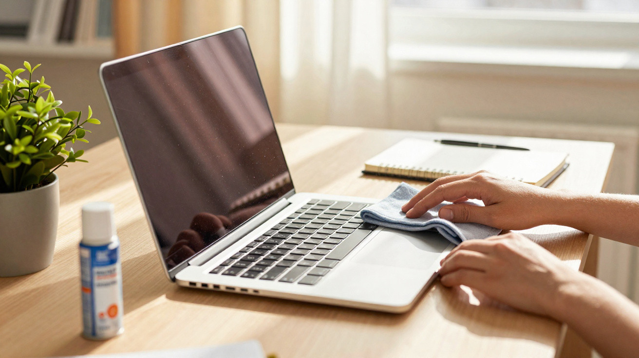 Person cleaning a laptop keyboard with a cloth on a wooden desk beside a plant and hand sanitiser.