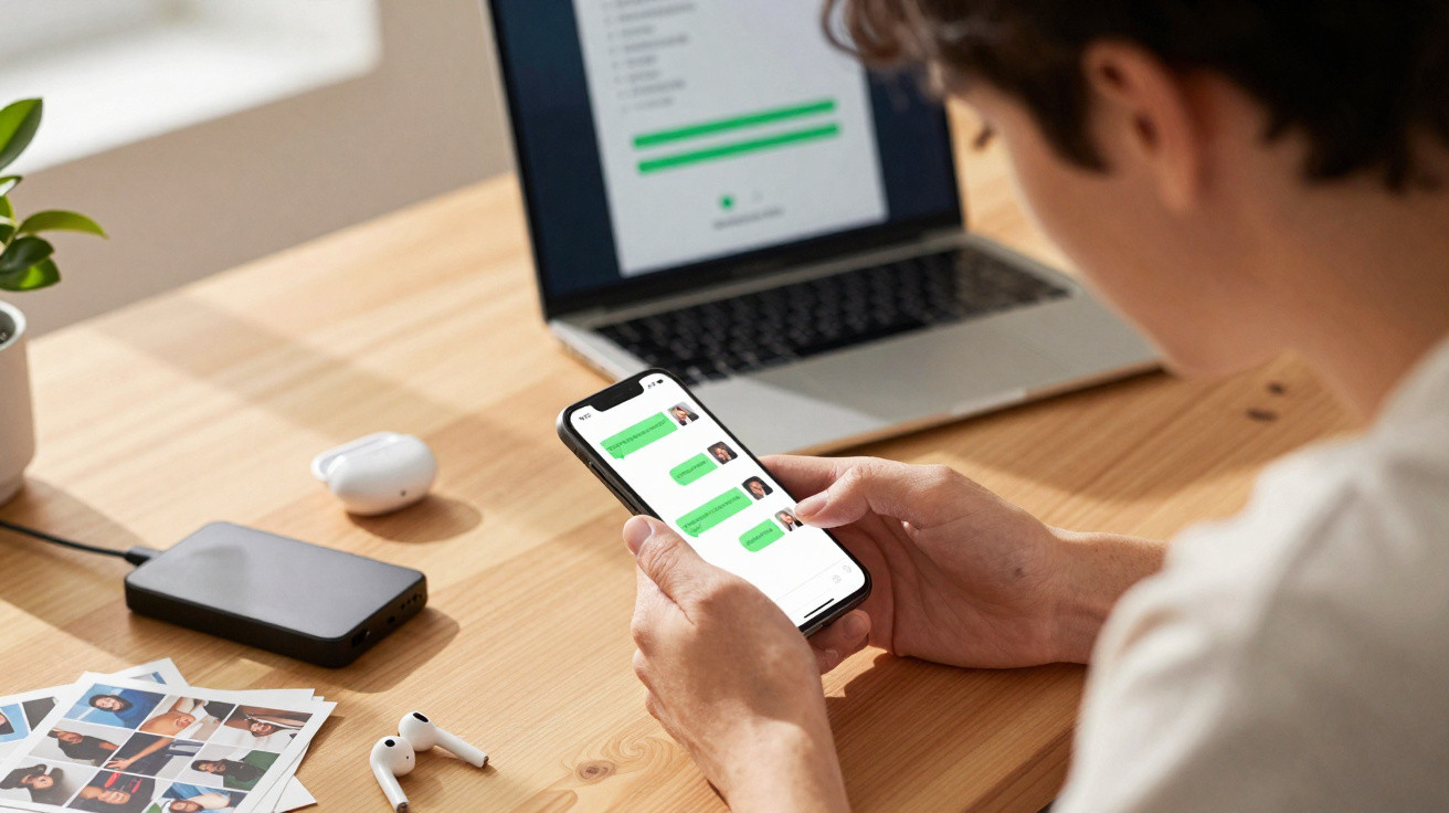 Person using smartphone to message, with laptop, wireless earbuds and photo prints on wooden desk.