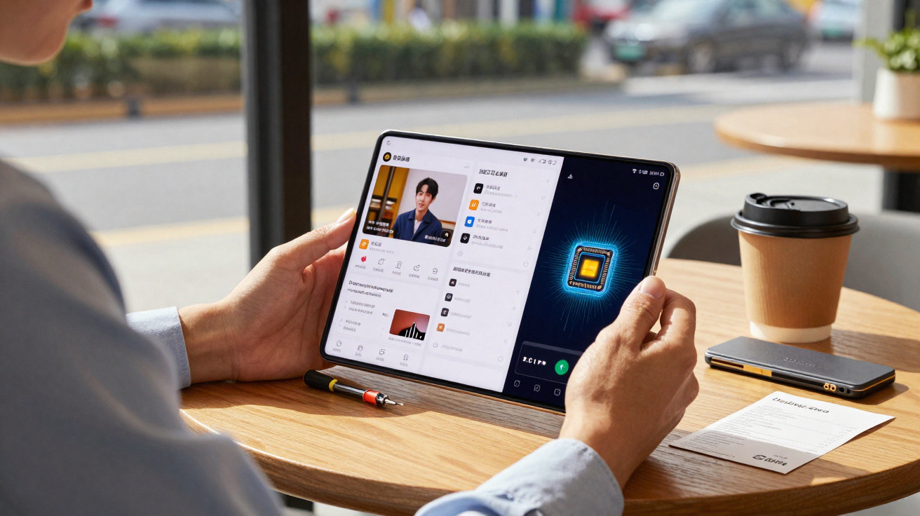 Person holding and using a foldable tablet device at a round wooden table with coffee and a phone.