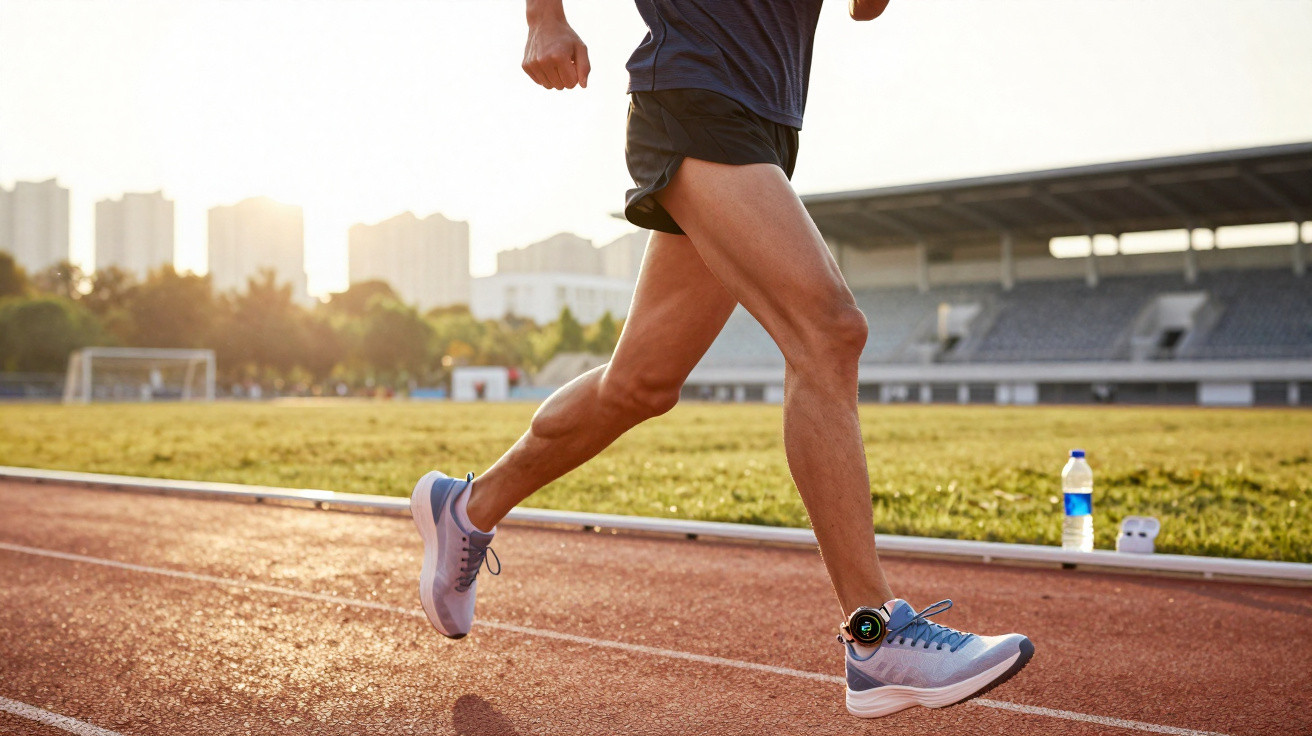 Close-up of a runner’s legs wearing a smartwatch jogging on a track at sunset in a stadium.