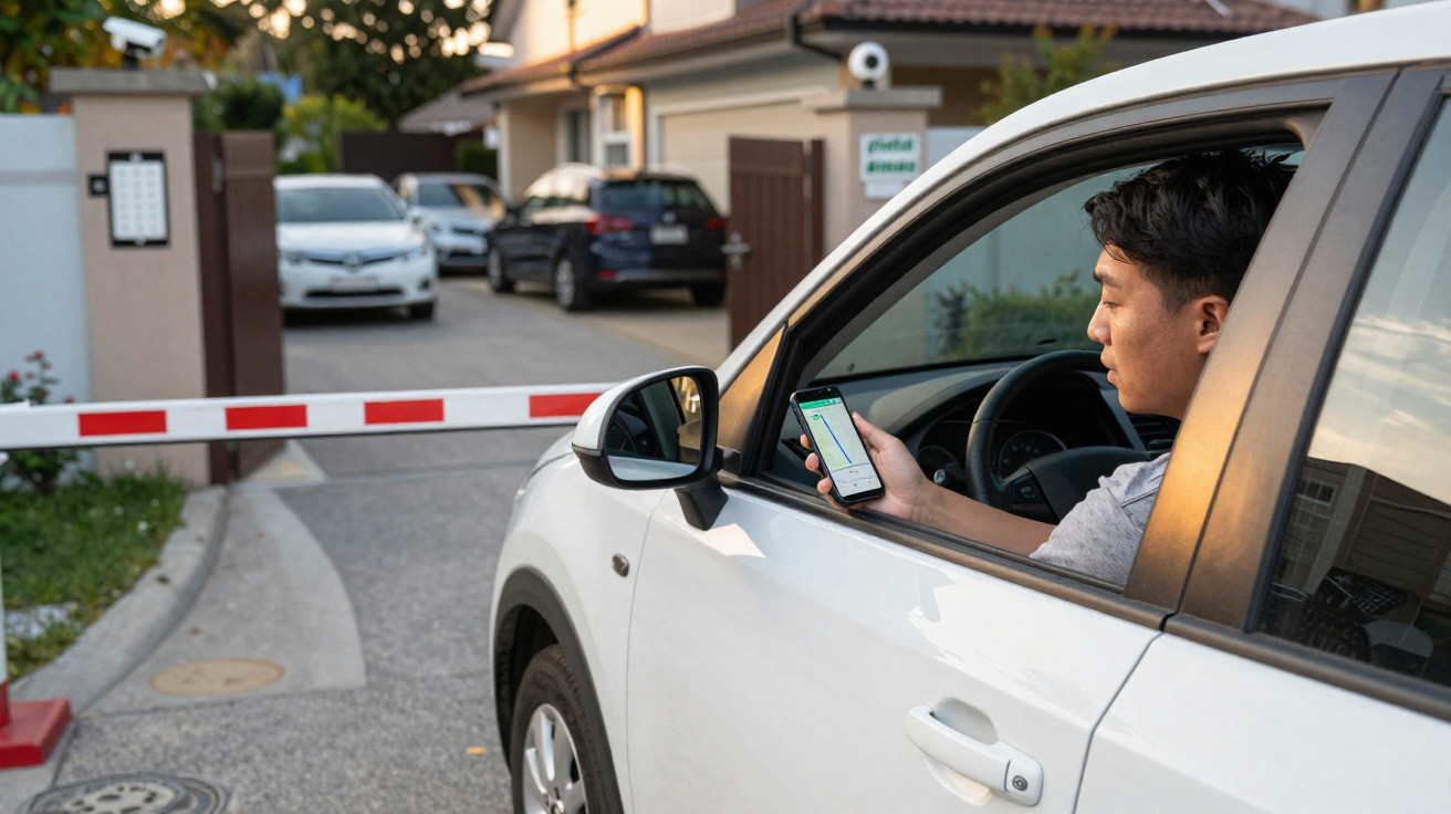 Man in white car using phone at closed barrier gate in residential area during daytime