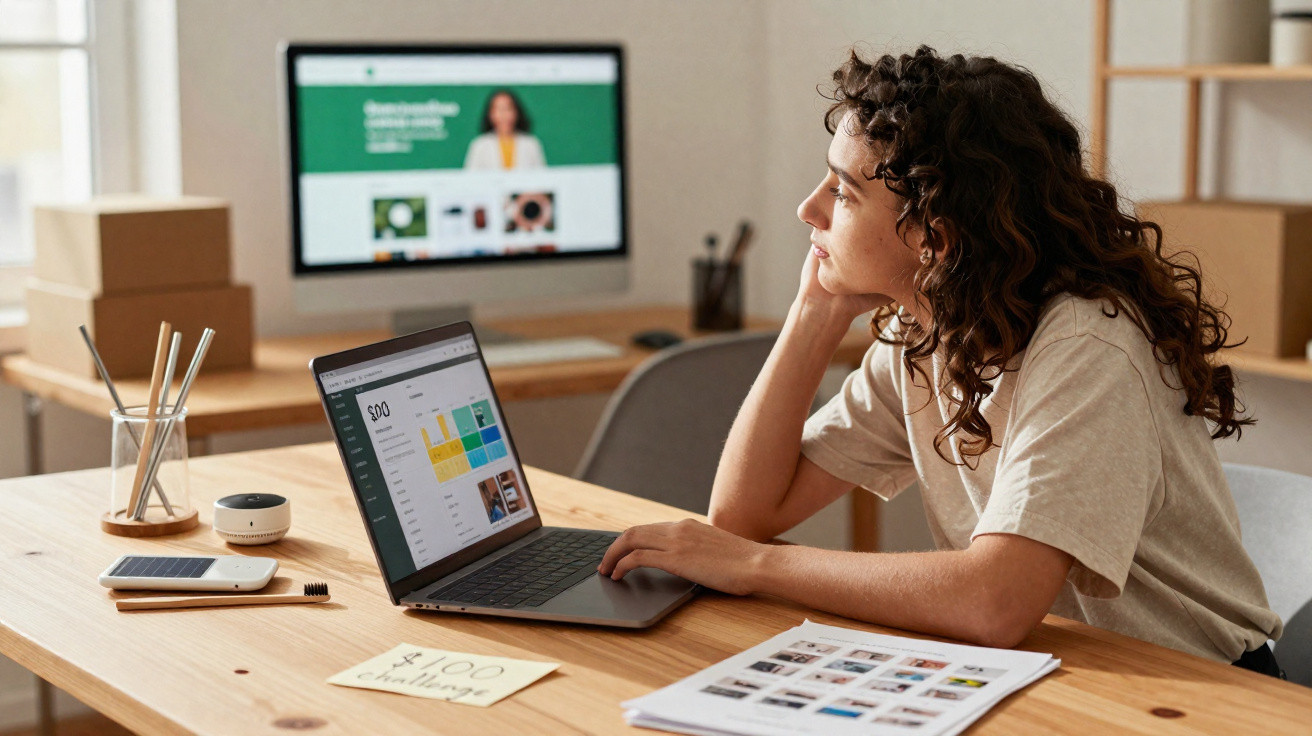 Woman with curly hair sitting at desk using laptop, appearing thoughtful in modern office setting.