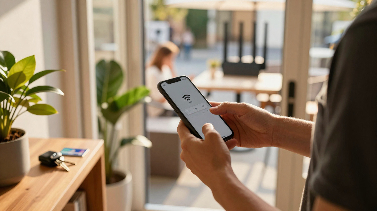 Person entering Wi-Fi password on smartphone with blurred woman sitting outside in sunlit room.