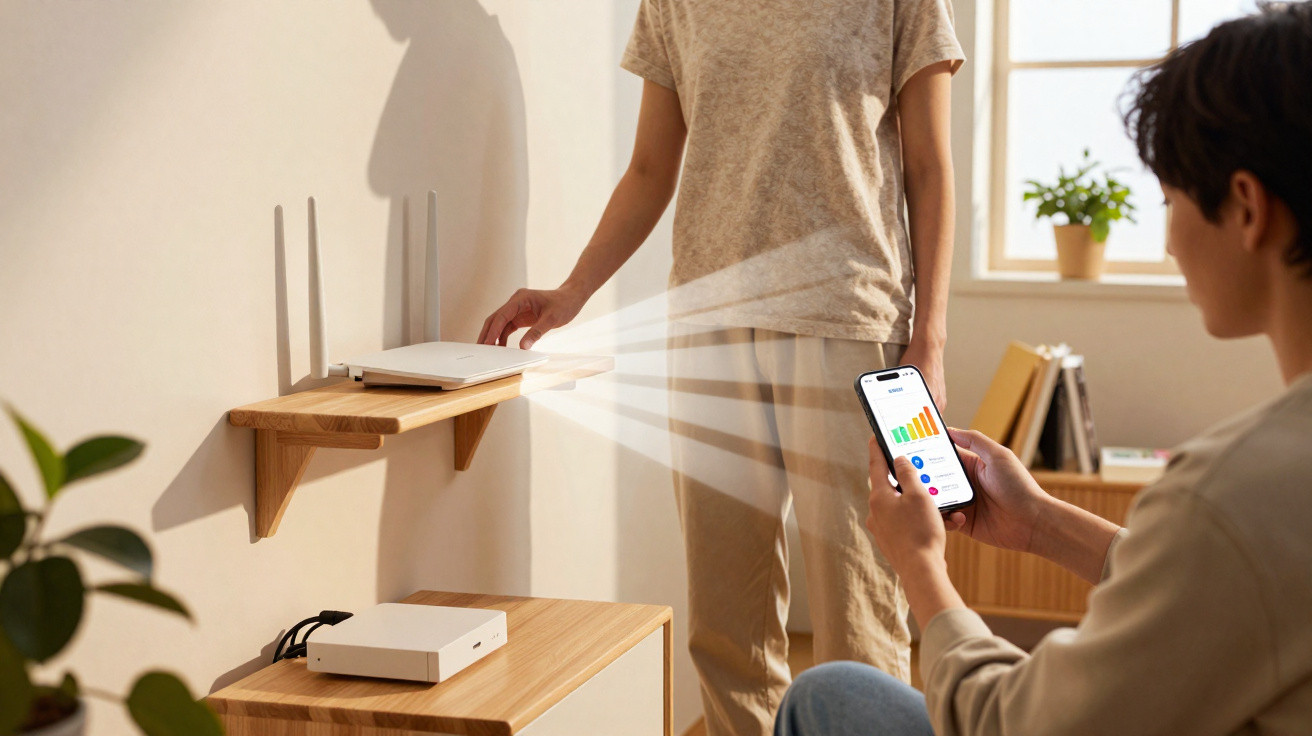 Two people interacting with a Wi-Fi router and a smartphone displaying signal strength and settings.