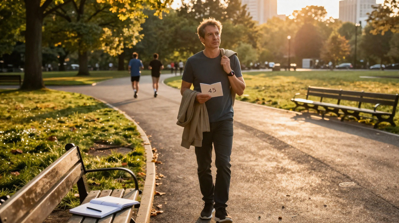 Man walking in park at sunset holding paper with number 45, two joggers in background, benches along path.