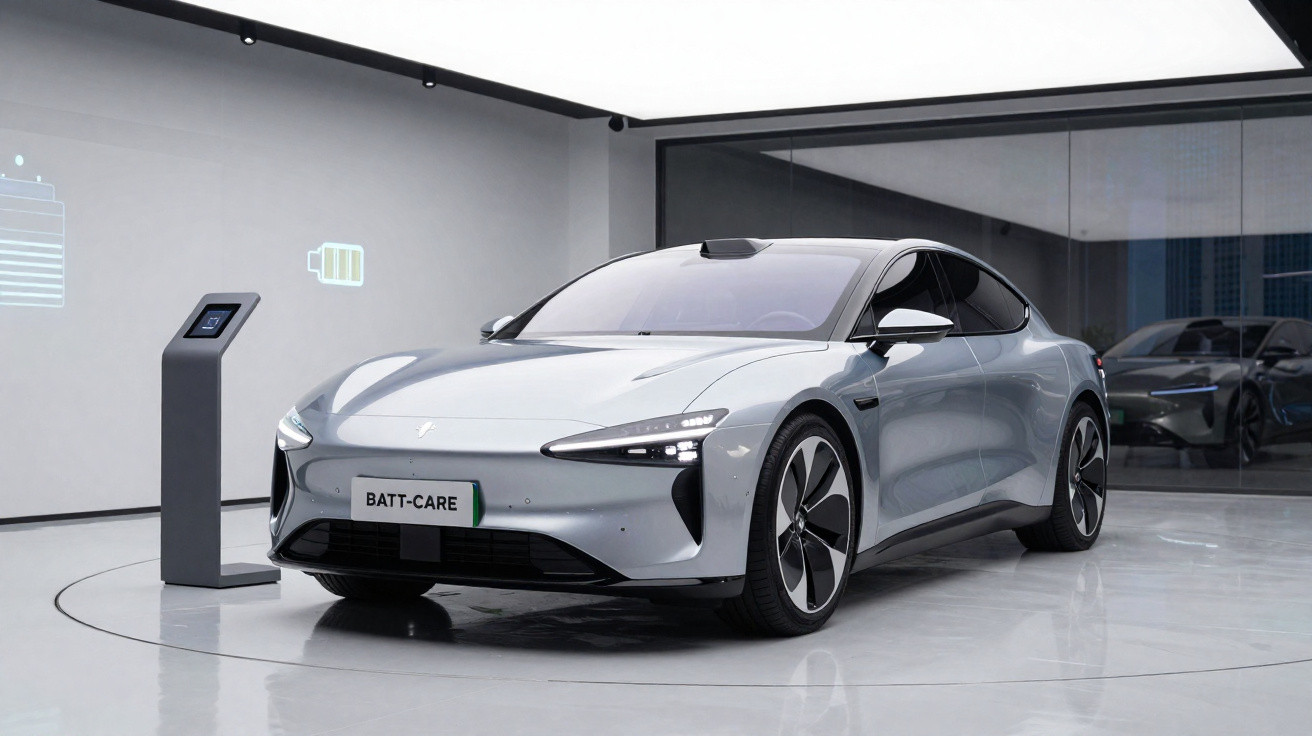 Silver electric car on display in a modern showroom with a charging station and digital battery icons.